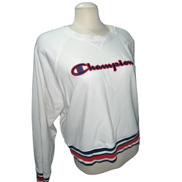 Champion Crewneck Long Sleeve Casual Logo Sweatshirt Sz XL Womens Red White Blue - Picture 11 of 11
